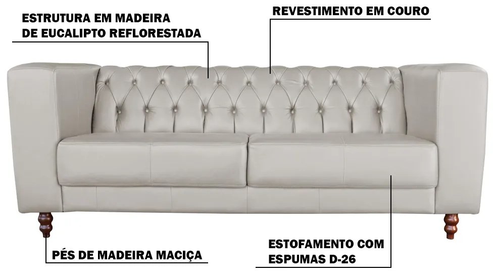 Sofá 3 Lugares Ravena 240cm Couro Tiza G58 - Gran Belo
