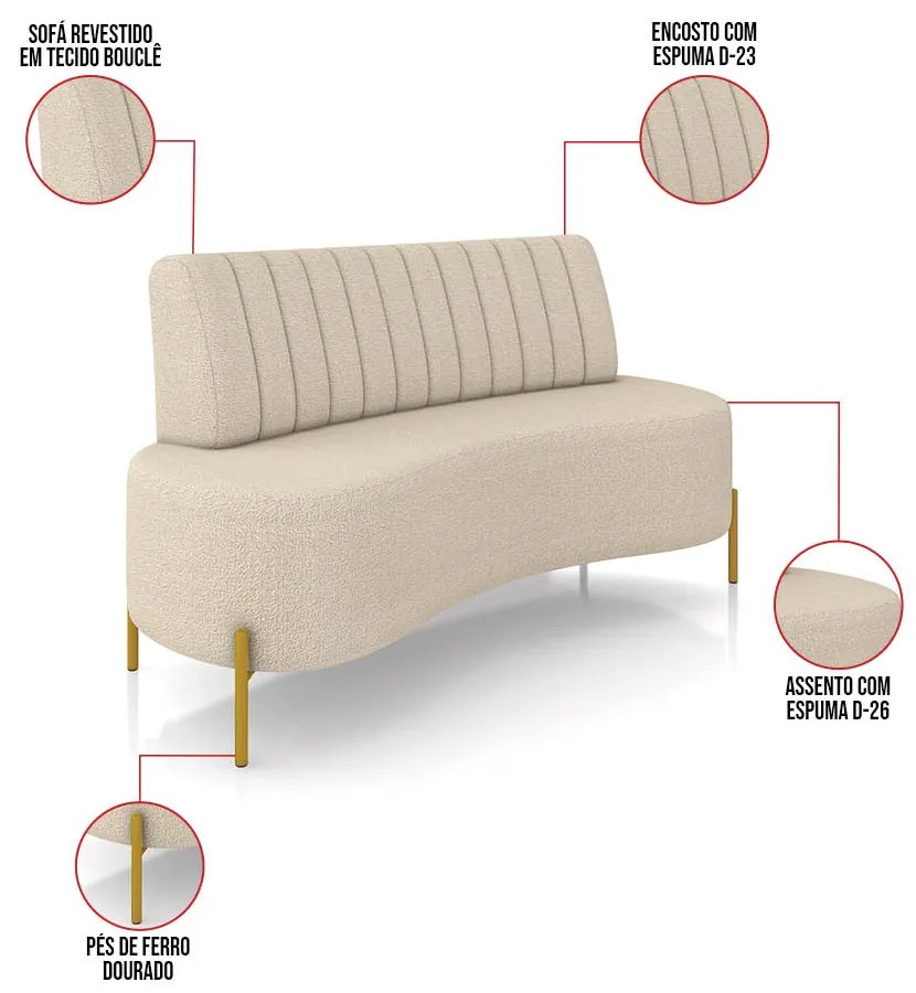 Sofá 2 Lugares Orgânico 135cm Maraú Bouclê K01 - D'Rossi - Creme - Ferro Dourado