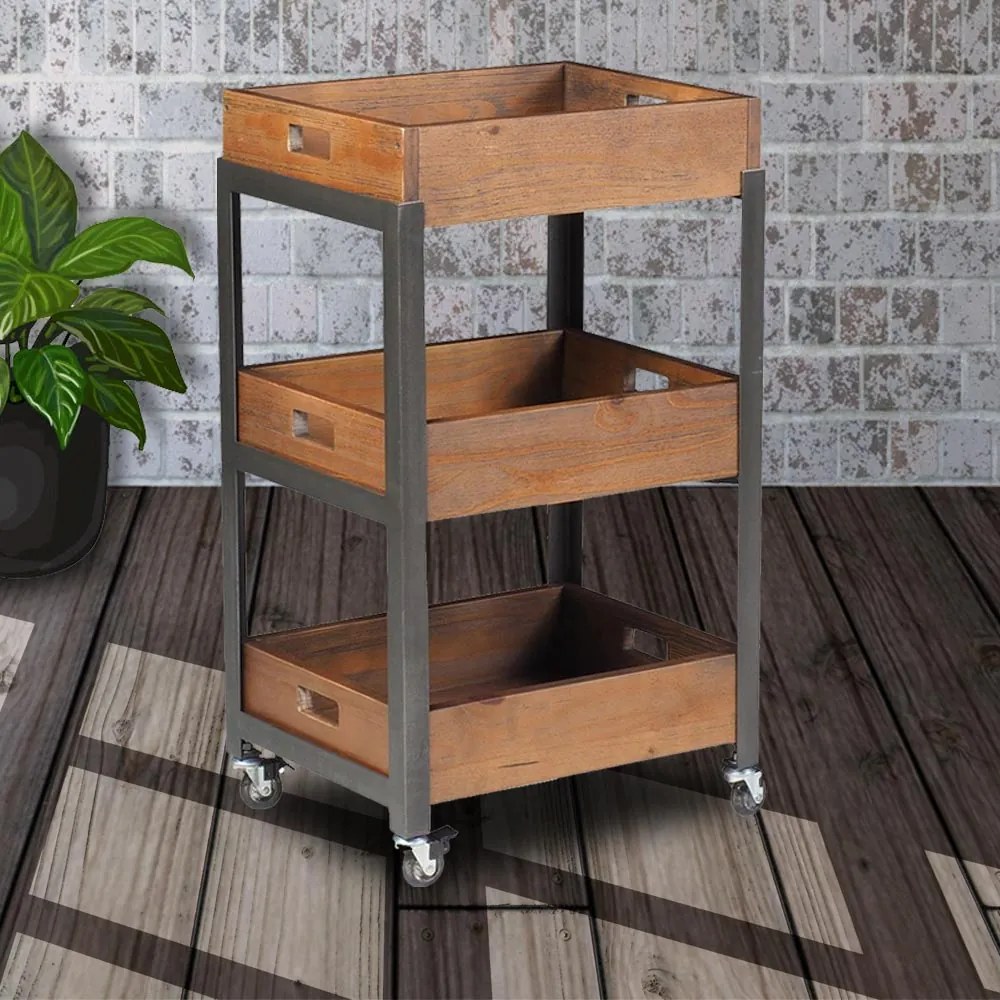 Fruteira Para Cozinha Multiuso com Rodízio Morélia Grafite Madeira Maciça Rustic Brown G54 - Gran Belo