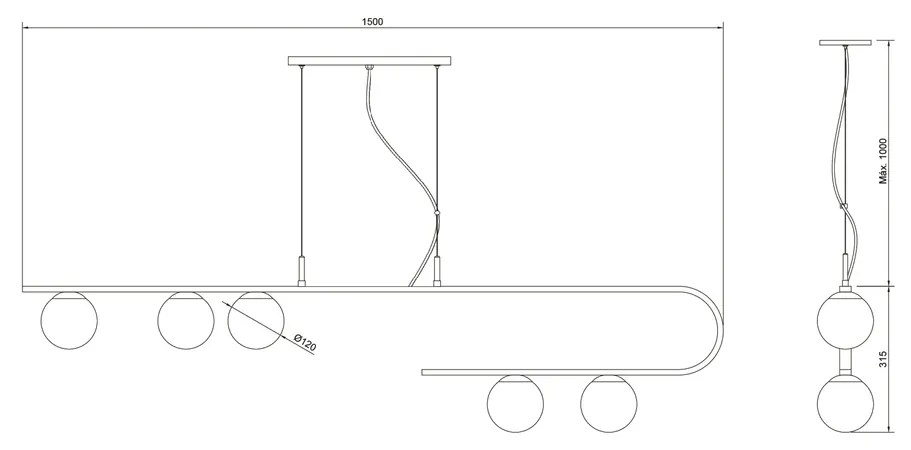 Pendente Dama 150X30Cm 5Xg9 / Cabos Kevlar Cristal / Metal E Globo Ø12... (AZO-F / CB-V - Azul Oceano Fosco / Cobre Brilho Escovado, FOSCO)