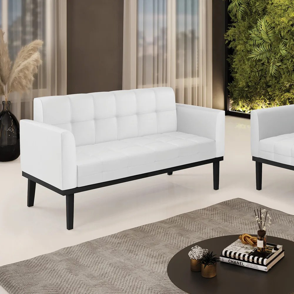 Poltrona Namoradeira Decorativa Karen Pés Fixo em Madeira Preto PU Branco G19 - Gran Belo
