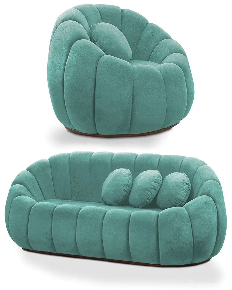 Sofá 2 Lugares com Poltrona Orgânica Fixa Cloud Bouclê E03 - D'Rossi - Azul Turquesa