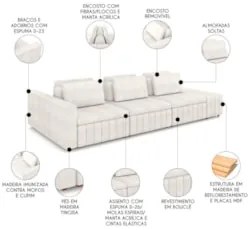 Sofá Ilha e Puff Sala Living 365cm Siesta Z32 Boucle Bege Claro - Mpoz