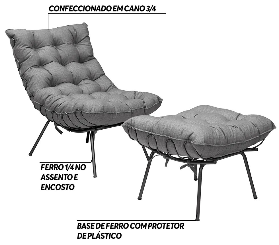 Conjunto Decorativo Poltrona e Puff Abel Base de Ferro Preto Linho Grafite G41 - Gran Belo