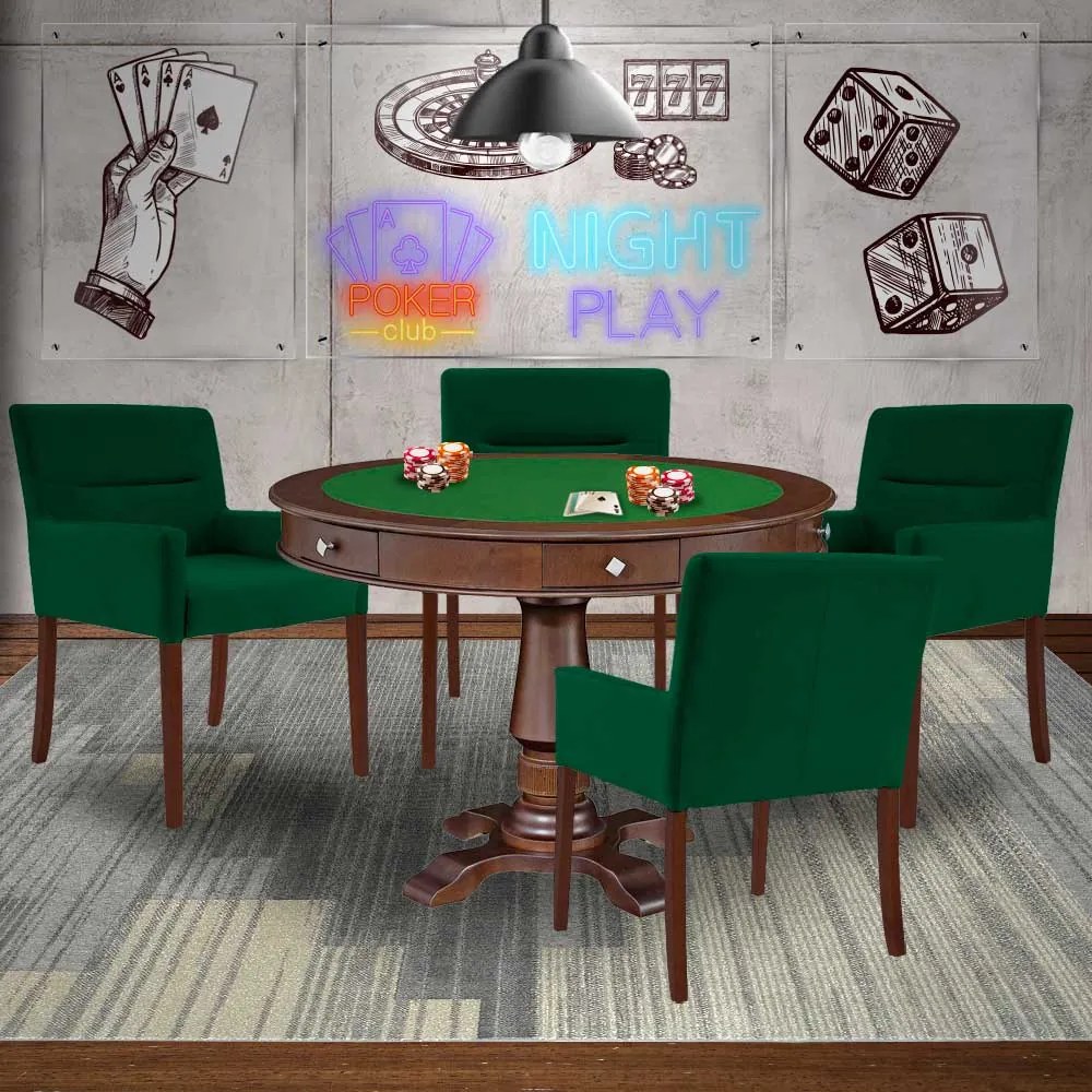 Mesa de Jogos Carteado Victoria Redonda Tampo Reversível Imbuia com Kit 4 Cadeiras Vicenza Verde G36 G15 - Gran Belo