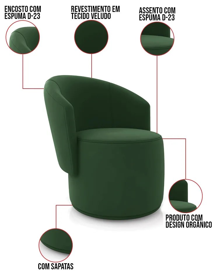 Poltrona Decorativa Orgânica Fixa para Sala Kit 2 Malu Veludo Verde M11 - D'Rossi