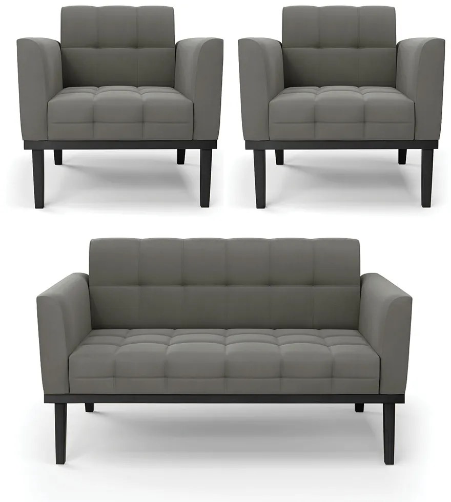 Conjunto 2 Poltronas e 1 Namoradeira Decorativa Karen Pés Fixo em Madeira Preto Suede Grafite G19 - Gran Belo