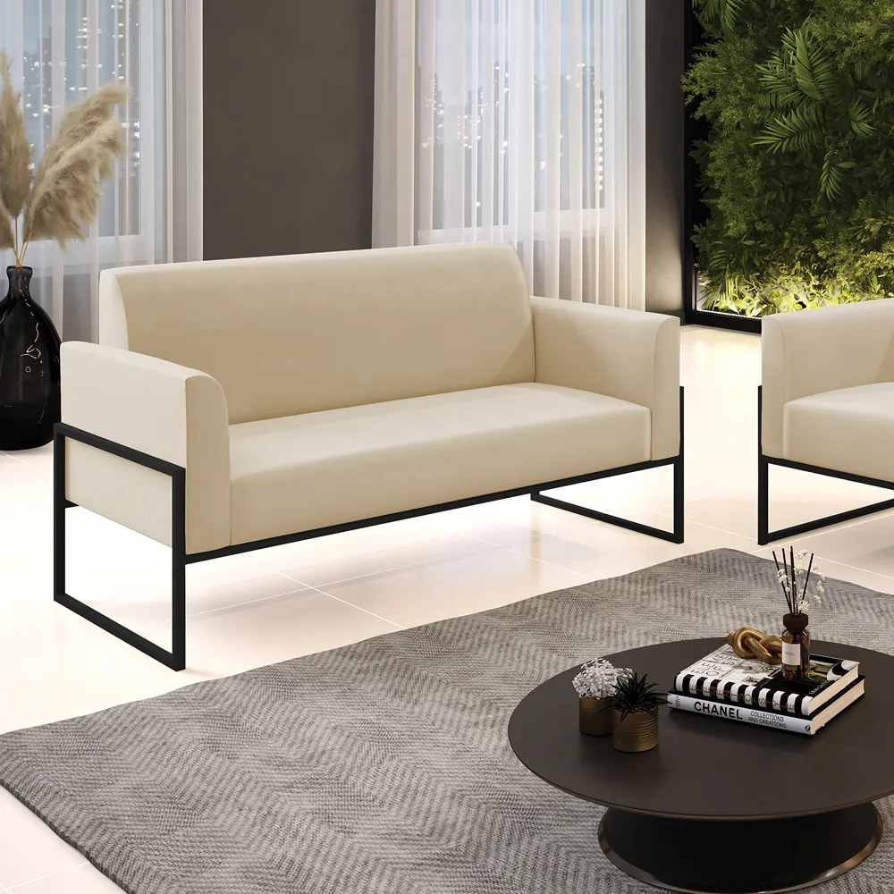 Sofá Namoradeira Base Industrial Alta Preto Marisa Suede - Bege