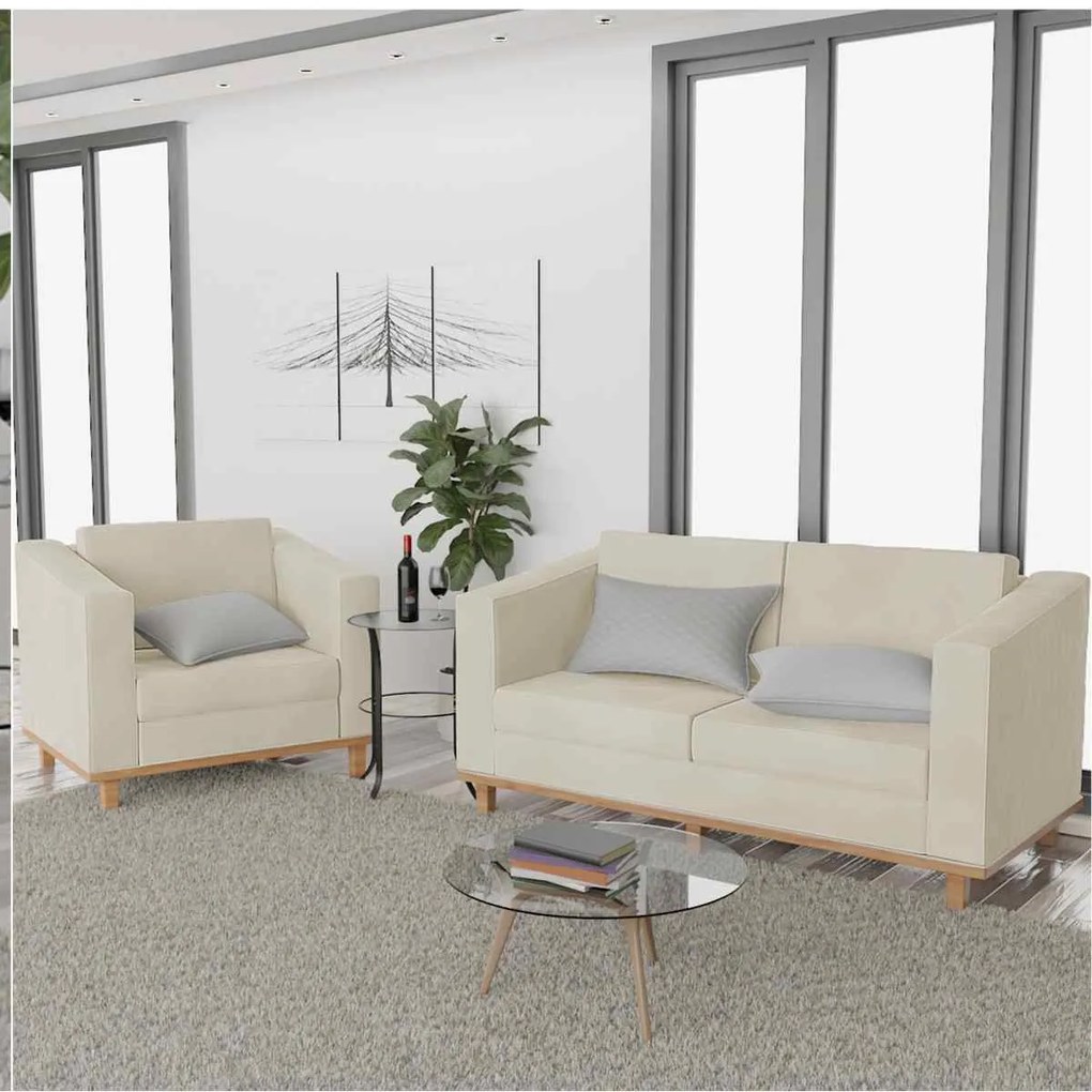 Kit Sofá 2 Lugares e Poltrona Europa Linho Bege ADJ Decor