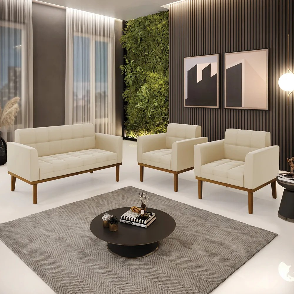 Namoradeira com 2 Poltronas Base de Madeira Castanho Elisa Suede D03 - D'Rossi - Bege