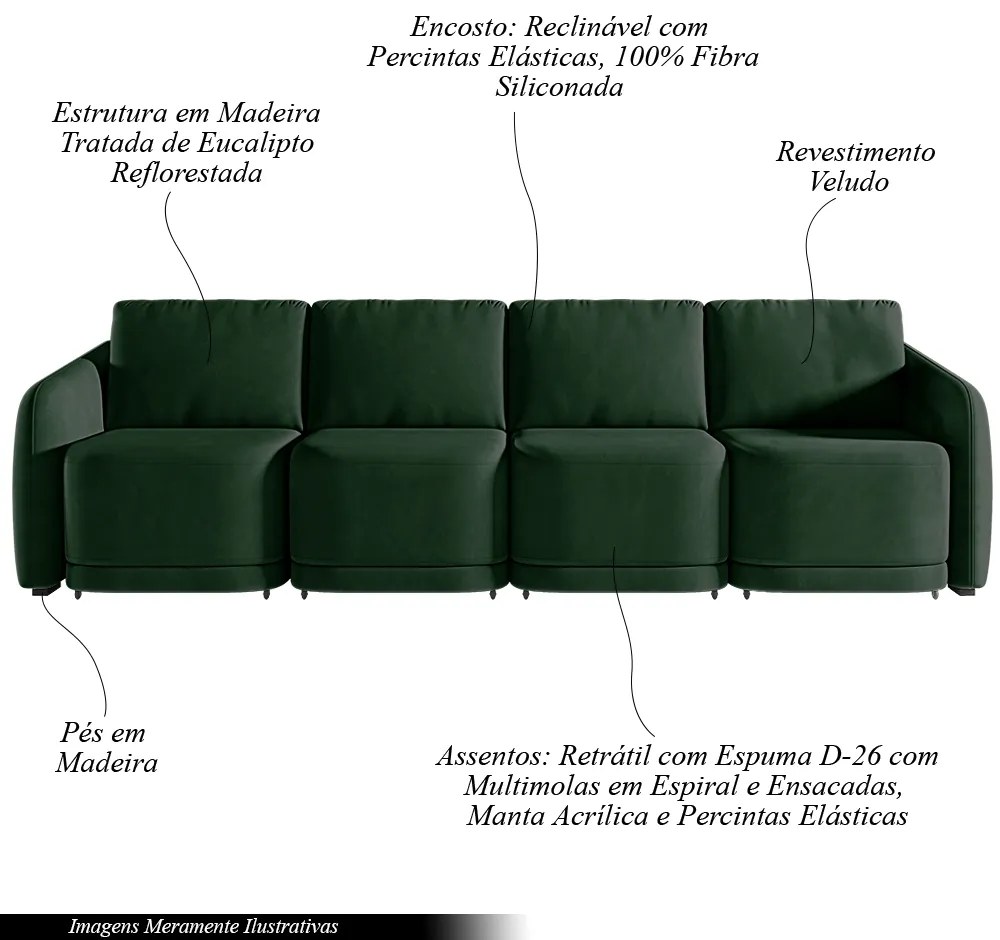 Sofá Cama Modulado Retrátil e Reclinável Decorativo Varsóvia 316cm Veludo Verde G33 - Gran Belo