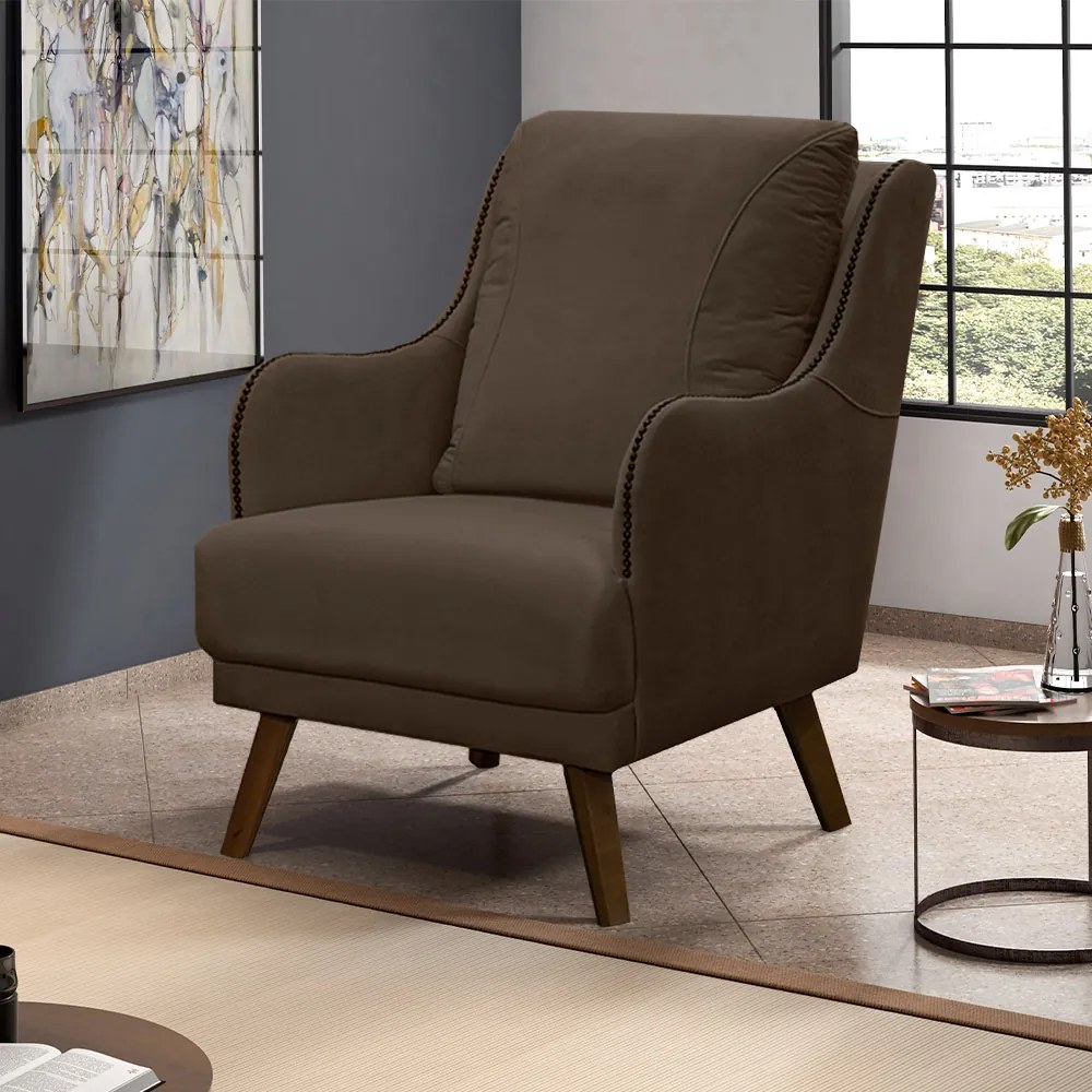 Poltrona Decorativa Catar com Tachas Suede Marrom G33 - Gran Belo