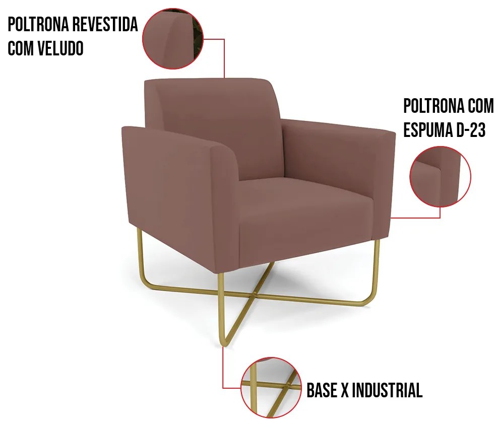 Poltrona Base X Industrial Dourado Marisa Veludo D03 - D'Rossi - Rose