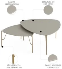 Mesa de Centro Para Sala Pés Metálicos Kit 2 Blen Grigio/Dourado I06 -