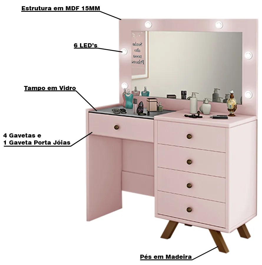 Penteadeira Decorativa 4 Gavetas e Porta Jóias com Tampo de Vidro Diana Rose G37 - Gran Belo