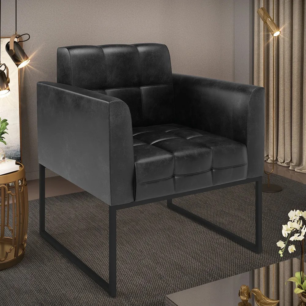 Poltrona Sala Decorativa Elisa Industrial Preto Sintético Pu D03 - D'Rossi - Preto