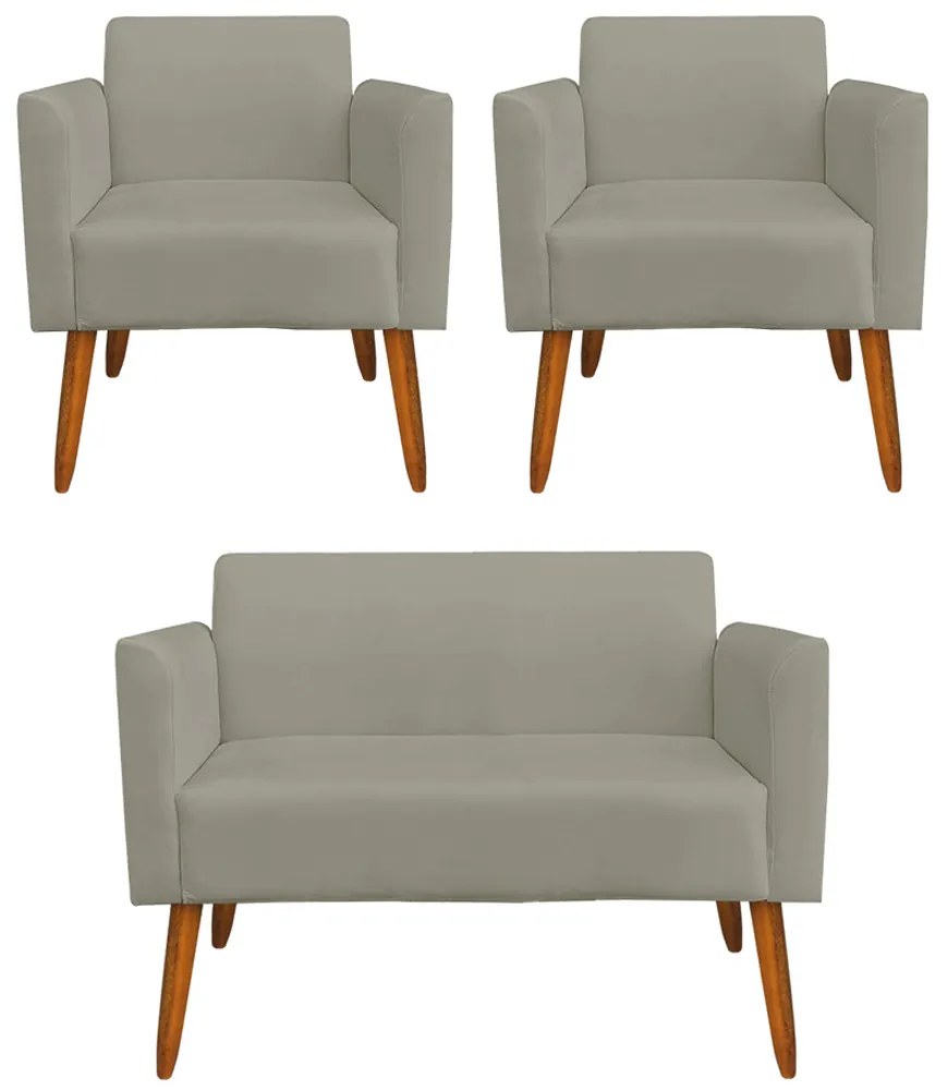 Conjunto Namoradeira e 2 Poltronas Decorativas Isabella Pés Palito Madeira Suede Nude G19 - Gran Belo