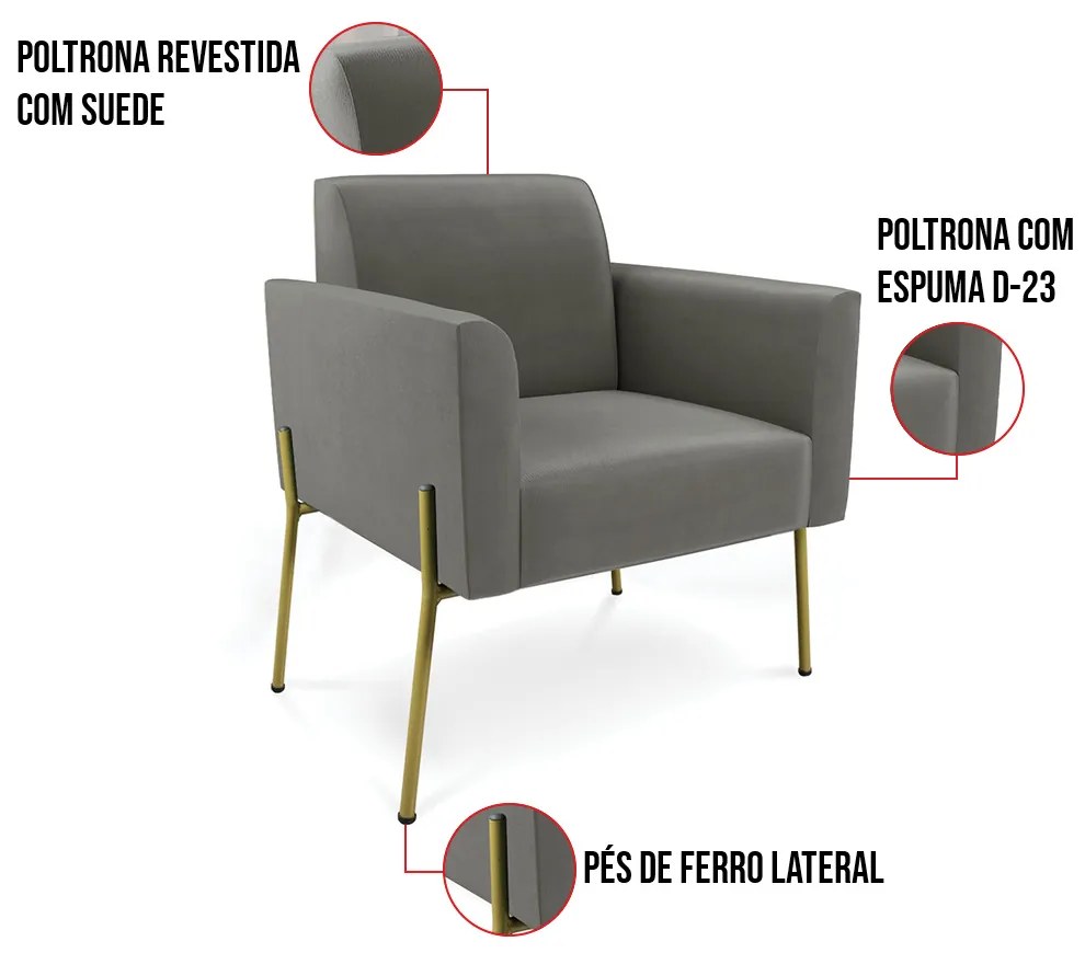 Poltrona Pé de Ferro Dourado Decorativa Kit 2 Marisa Suede D03 - D'Rossi - Grafite