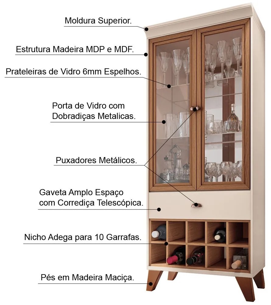 Cristaleira Bar e Adega Andorra Decorativa Sala de Estar OffWhite/Nature G26 - Gran Belo