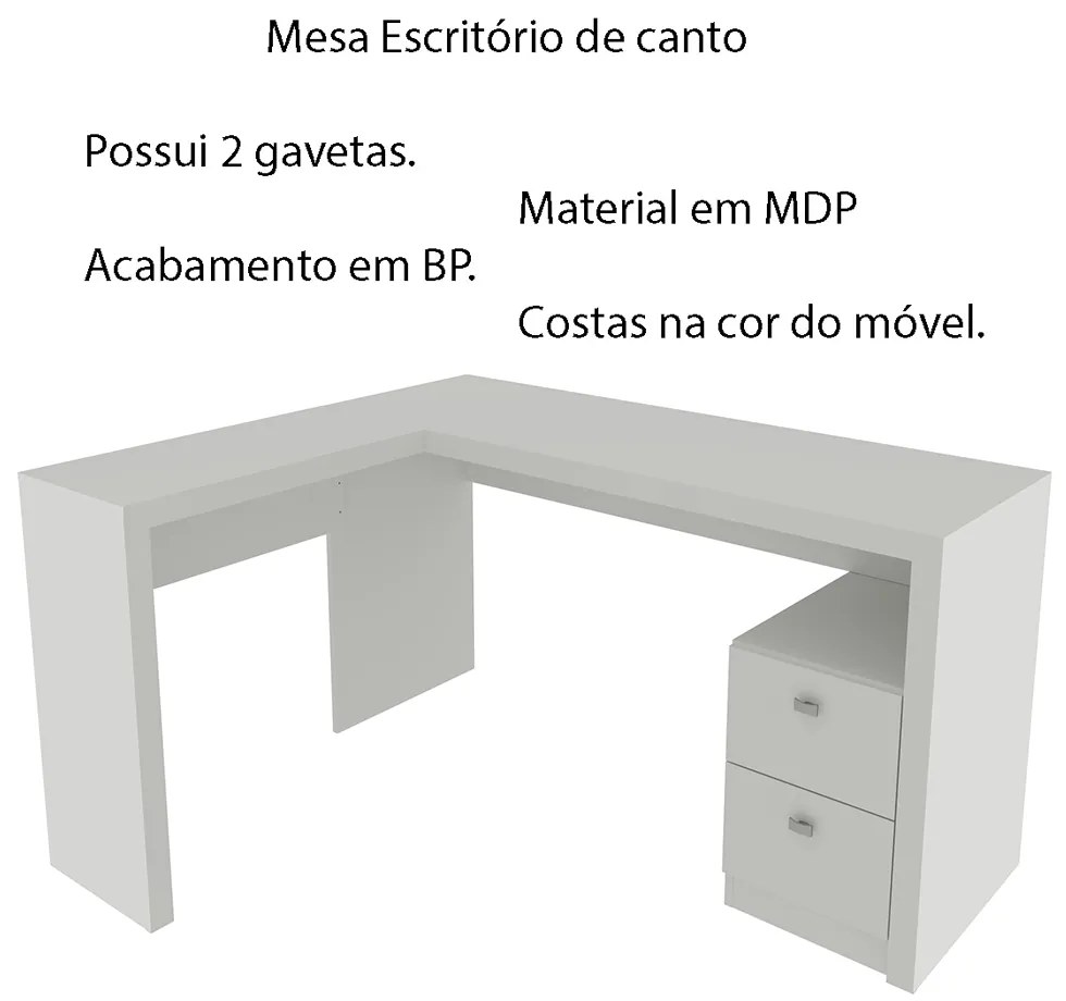 Mesa com 2 Gavetas para Escritório Home Office ME4129 MDP Branco G69 - Gran Belo