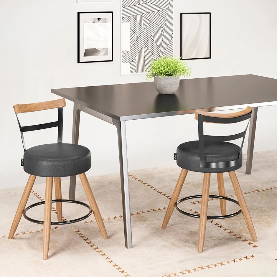 Banqueta Baixa Cozinha 50cm Encosto Pé Madeira Kit 2 Kyara Pu S02 - D'Rossi - Preto