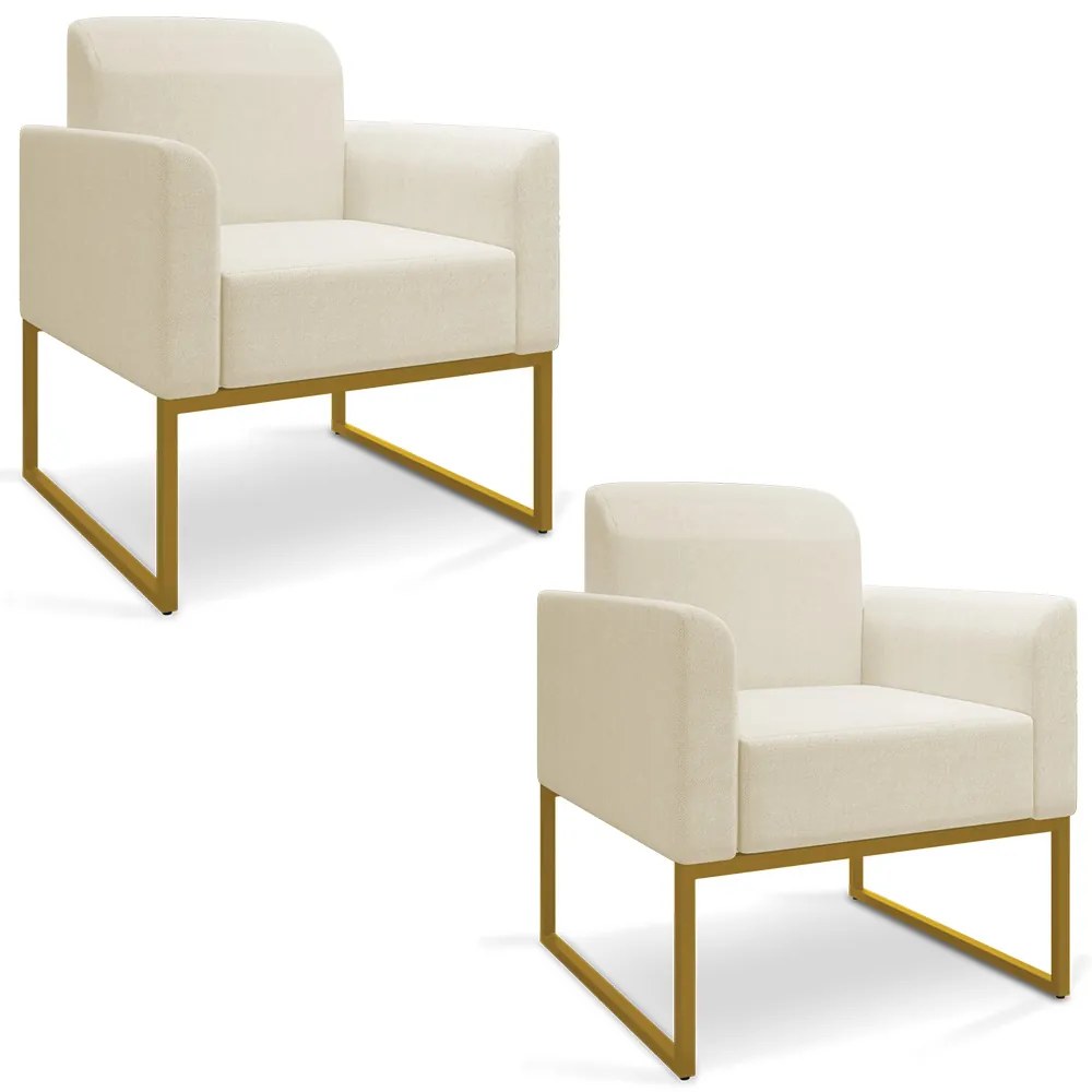 Kit 02 Poltronas Marisa Linho Areia A27 Base Industrial Metálica Dourado D03 - D'Rossi