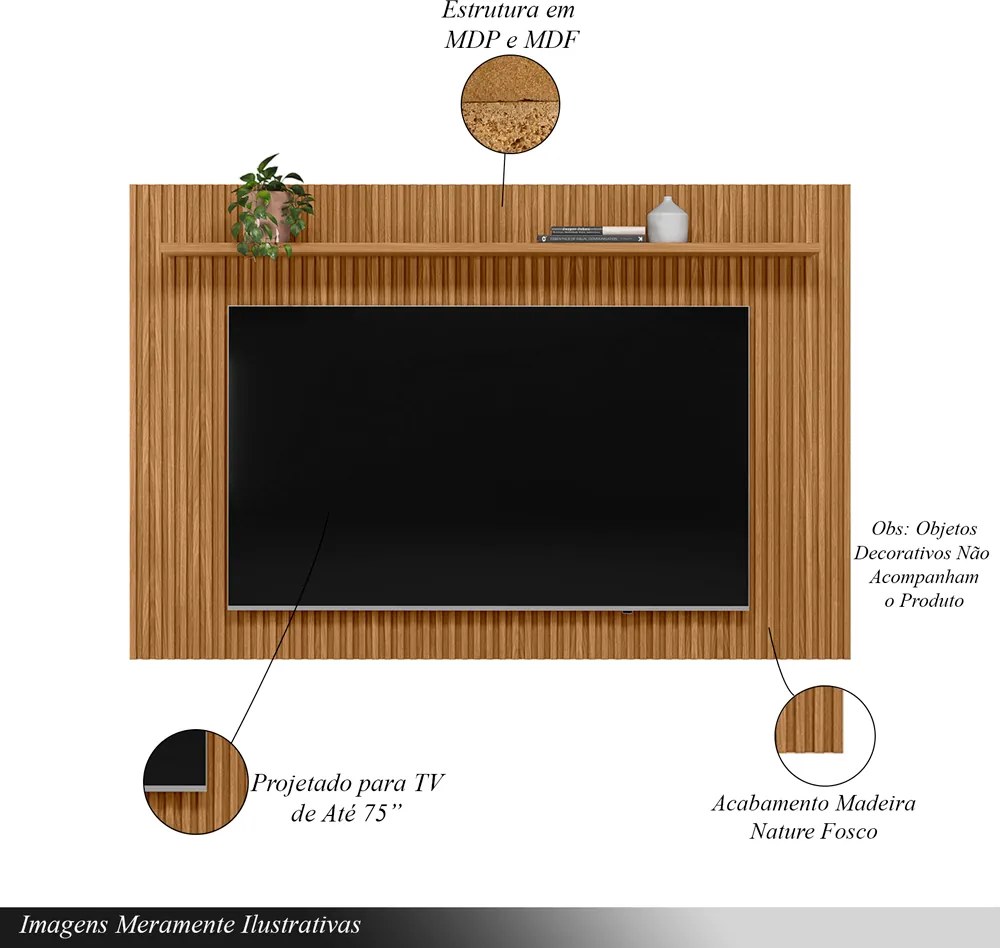 Painel Decorativo Grace 2.0 MDP e MDF TV até 70 Polegadas Ripado Prateleira Nature G77 - Gran Belo
