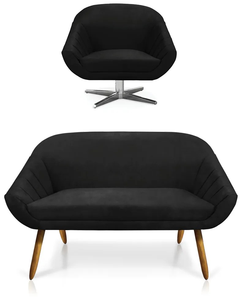 Kit 01 Namoradeira 02 Lugares e 01 Poltrona Giratória Giovana Suede Base Cromada - D'Rossi - Preto