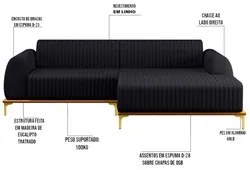 Sofá 245cm 4 Lugares com Chaise Direito Pés Gold Molino D-465 Linho Ch