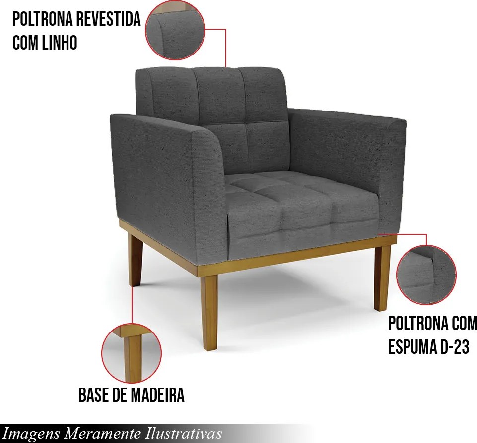 Poltrona Decorativa Karen Pés Fixo em Madeira Castanho Linho Cinza Mesclado G19 - Gran Belo