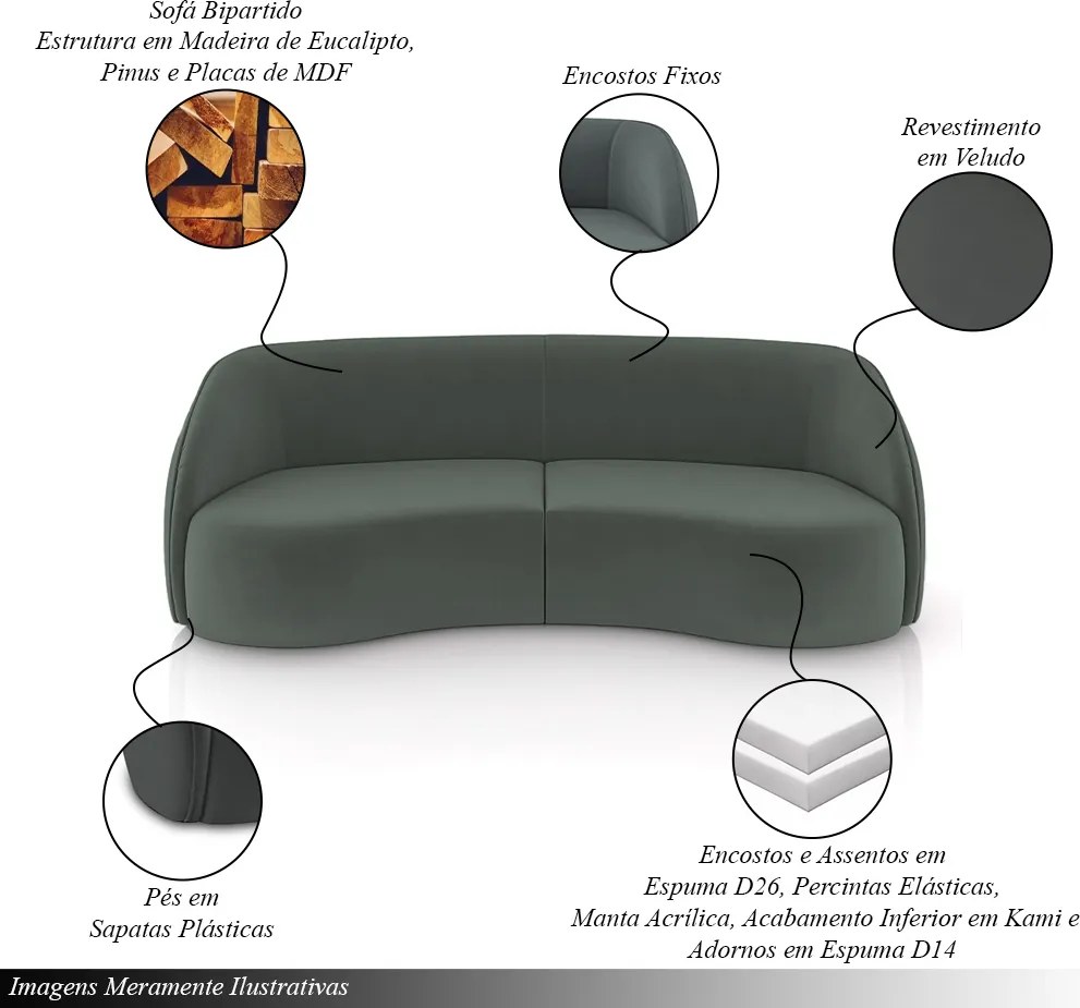 Sofá Decorativo Sala de Estar Bipartido 318cm Clarke Veludo Grafite G45 - Gran Belo