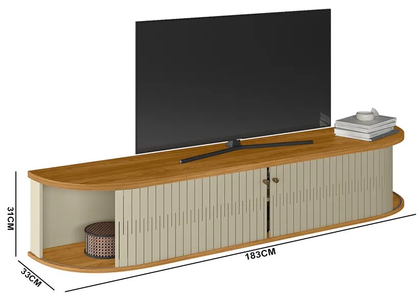 Rack TV 75 Pol 183cm Bancada Suspenso Ripado Aurenzo M20 - D'Rossi - Cumaru e Opala