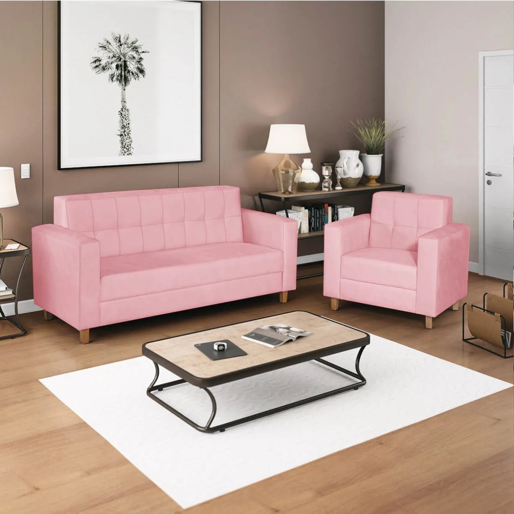 Kit Sofá 2 Lugares e 2 Poltronas Denver Suede Rosa Bebê - ADJ Decor