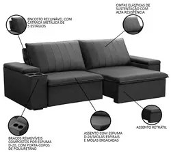Sofá Retrátil Reclinável 3 Lugares 205cm Baluart F05 Veludo Grafite -