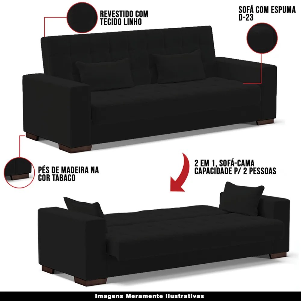 Sofá Cama Decorativo 210cm Beesley Linho Preto G19 - Gran Belo