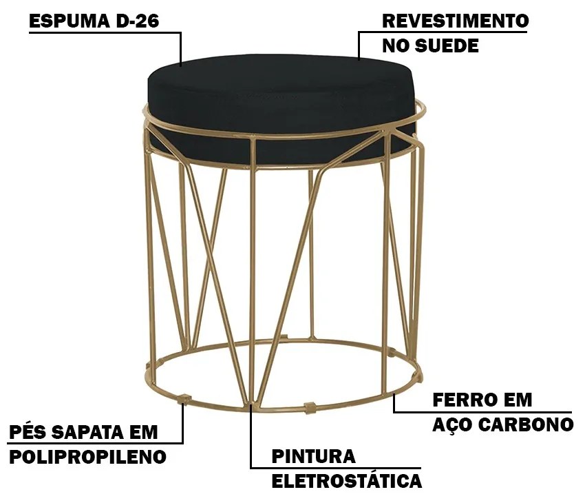 Kit 2 Puffs Decorativo Sala de Estar Base Gold Chloe Suede Preto G41 - Gran Belo