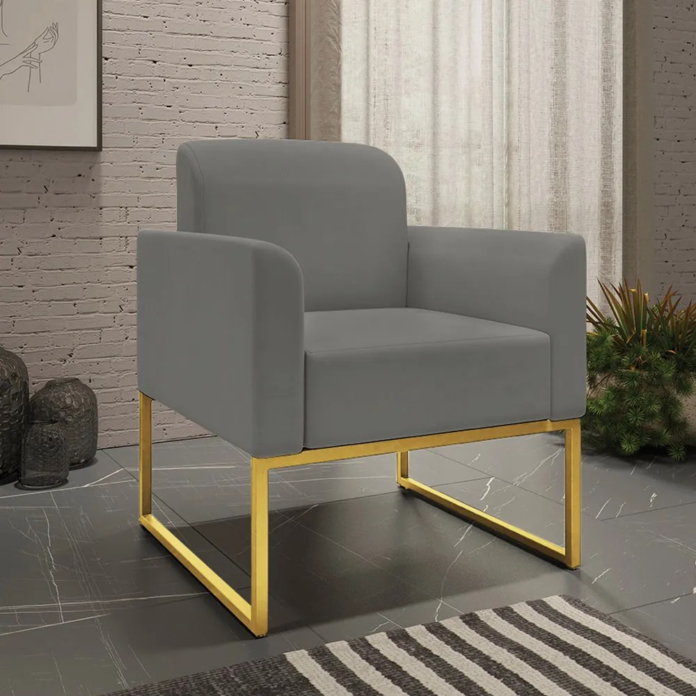 Poltrona Decorativa Isabella Base Industrial Suede Grafite/Dourado G19 - Gran Belo
