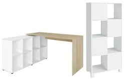 Mesa Escrivaninha em L Eron e Estante Livreiro Maly A06 Branco/Carvalh