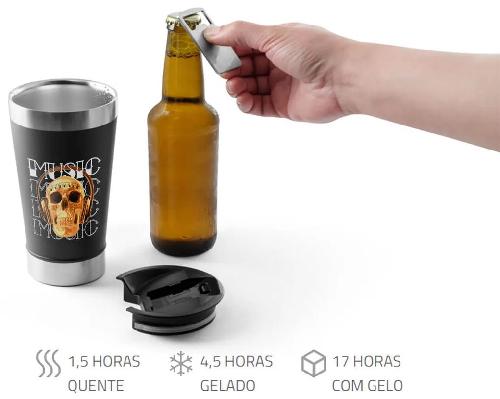 Copo Térmico Skull Music Forever Cerveja Café em Inox Com Tampa e Abridor Chopp