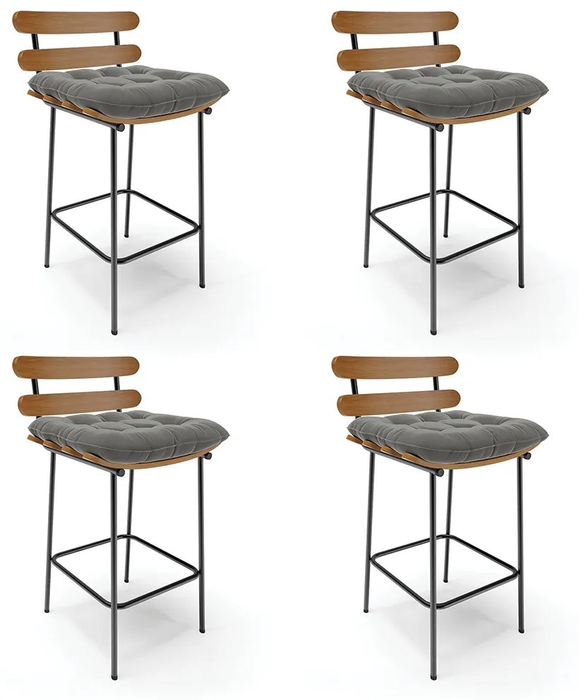 Kit 04 Banquetas Costela Suede Grafite Base Metálica Preto - DRossi