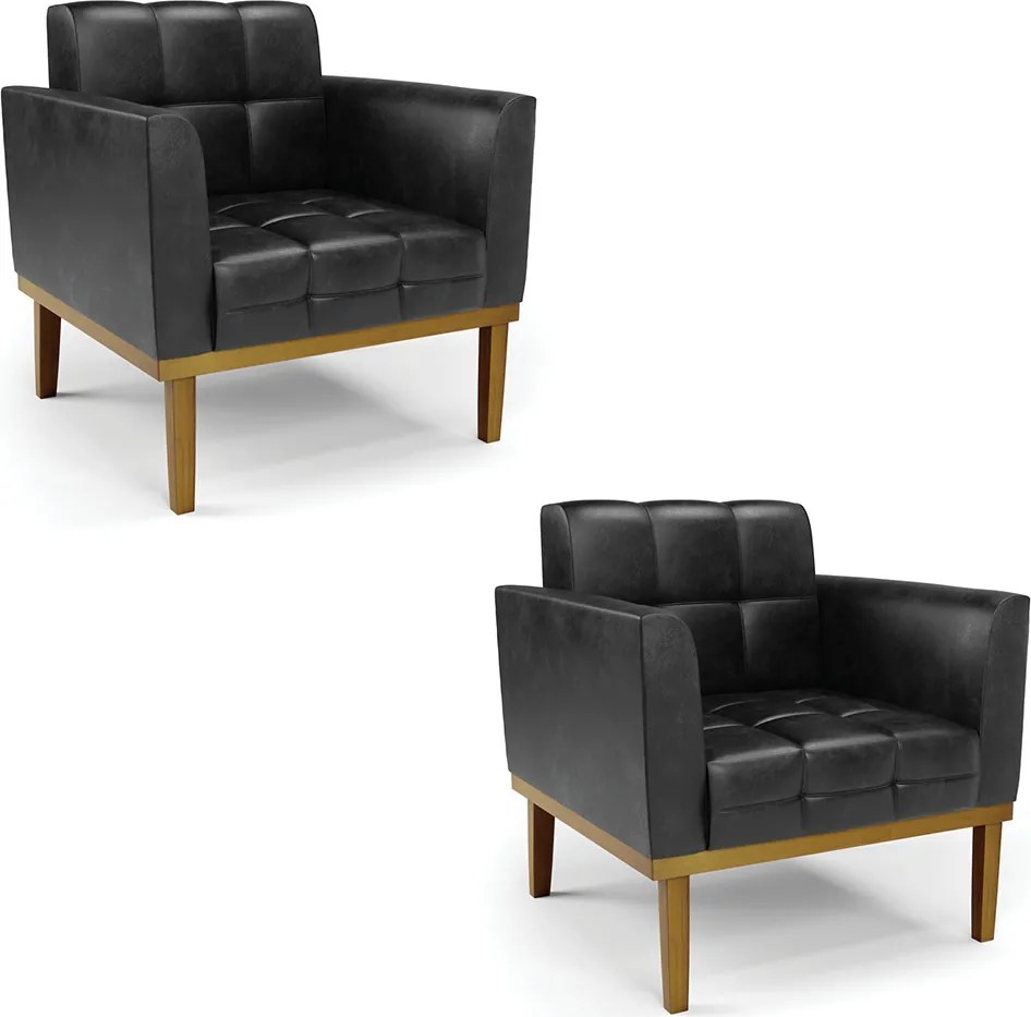 Kit 2 Poltronas Decorativas Karen Pés Fixo em Madeira Castanho PU Preto Brilho G19 - Gran Belo