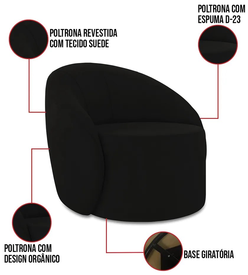 Sofá 4 Lugares Orgânico 220cm Morgan e 2 Poltronas Lua Suede D03 - D'Rossi - Preto