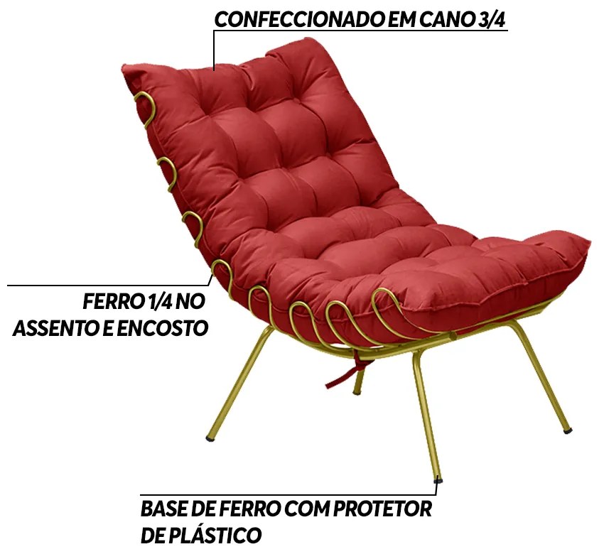 Poltrona Decorativa Sala de Estar Abel Base de Ferro Dourada Suede Vermelho G41 - Gran Belo