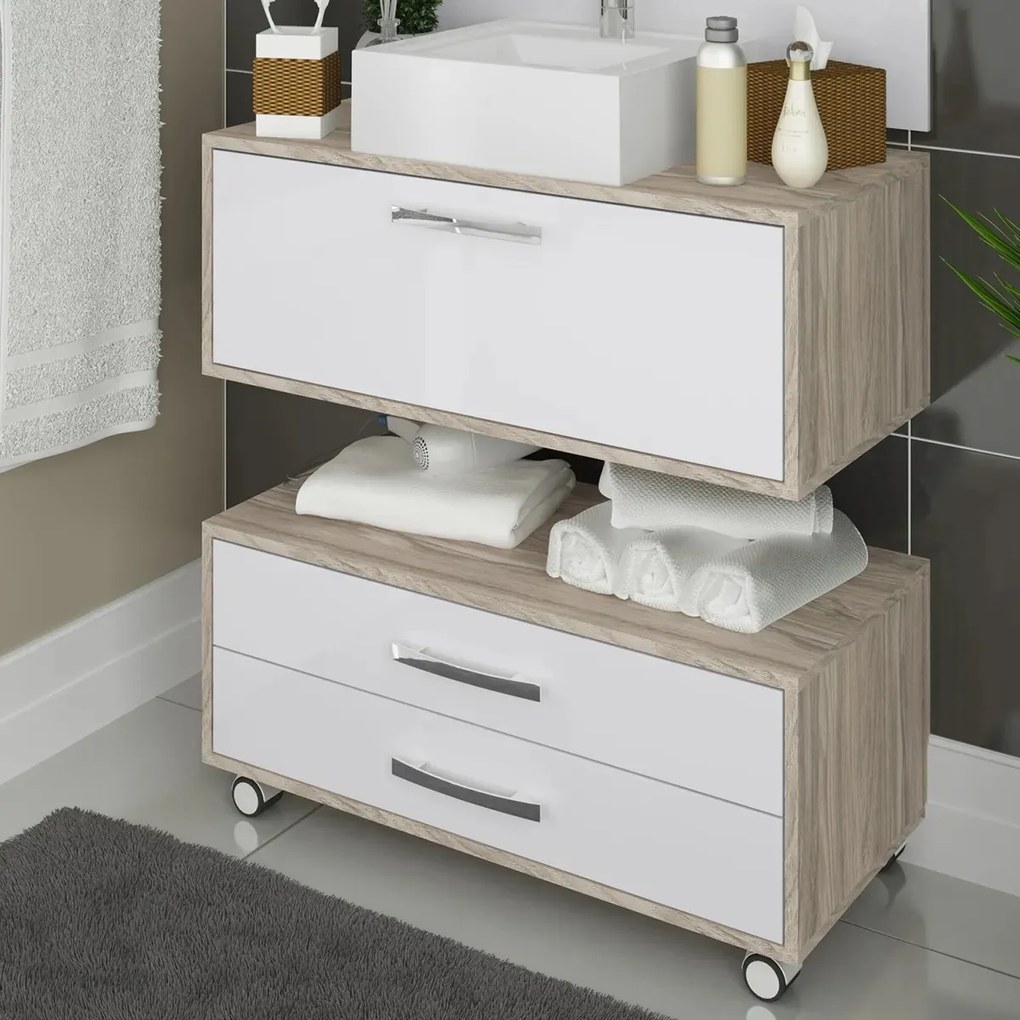 Conjunto De Banheiro 80cm MDF Balcão Painel Cuba Rodinhas Class