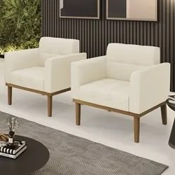 Poltrona Base Madeira Castanho Kit 2 Ana Linho Bege - Ibiza