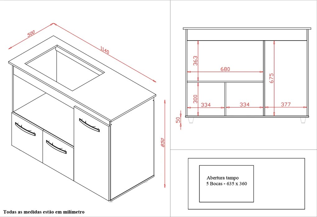 Balcão Dália Para Cooktop 5 Bocas 3 Portas Cozinha MB1 120cm