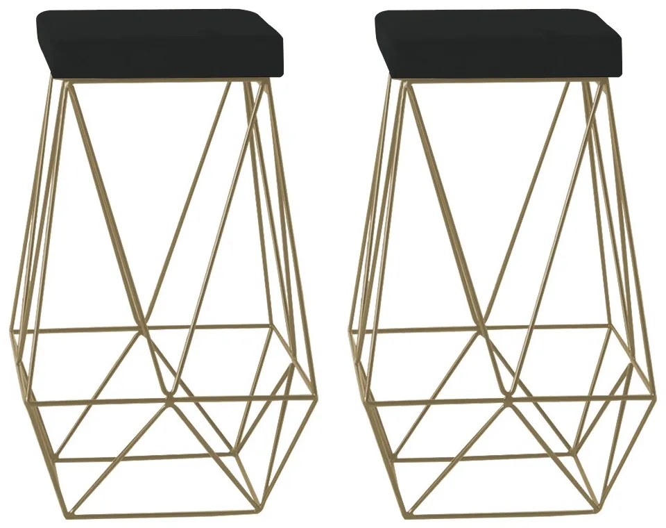 Kit 2 Banqueta Decorativa Kathy Base Gold Suede Preto G41 - Gran Belo