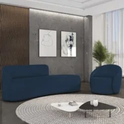 Sofá 4 Lugares 220cm Wendi e Poltrona Steve Boucle Azul I01 - Mpozena