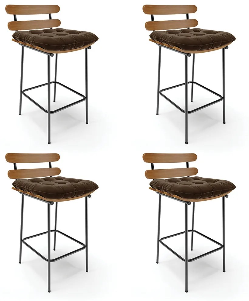 Kit 04 Banquetas Costela Suede Marrom Base Metálica Preto - D'Rossi