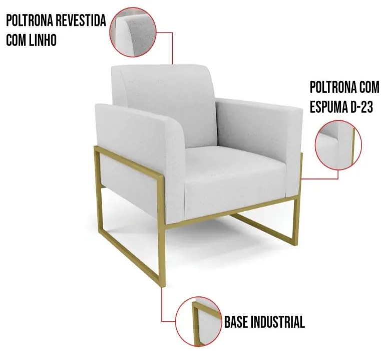 Kit 2 Poltronas Base Industrial Alta Dourado Marisa Linho - A05 Cinza